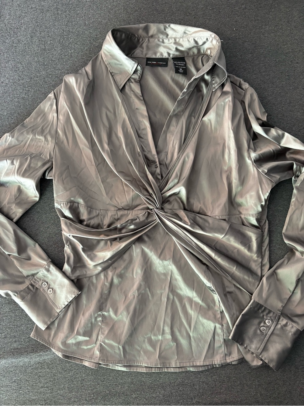 New York & Company Silver Satin Knot-Front Button Down Blouse - Picture 5 of 9
